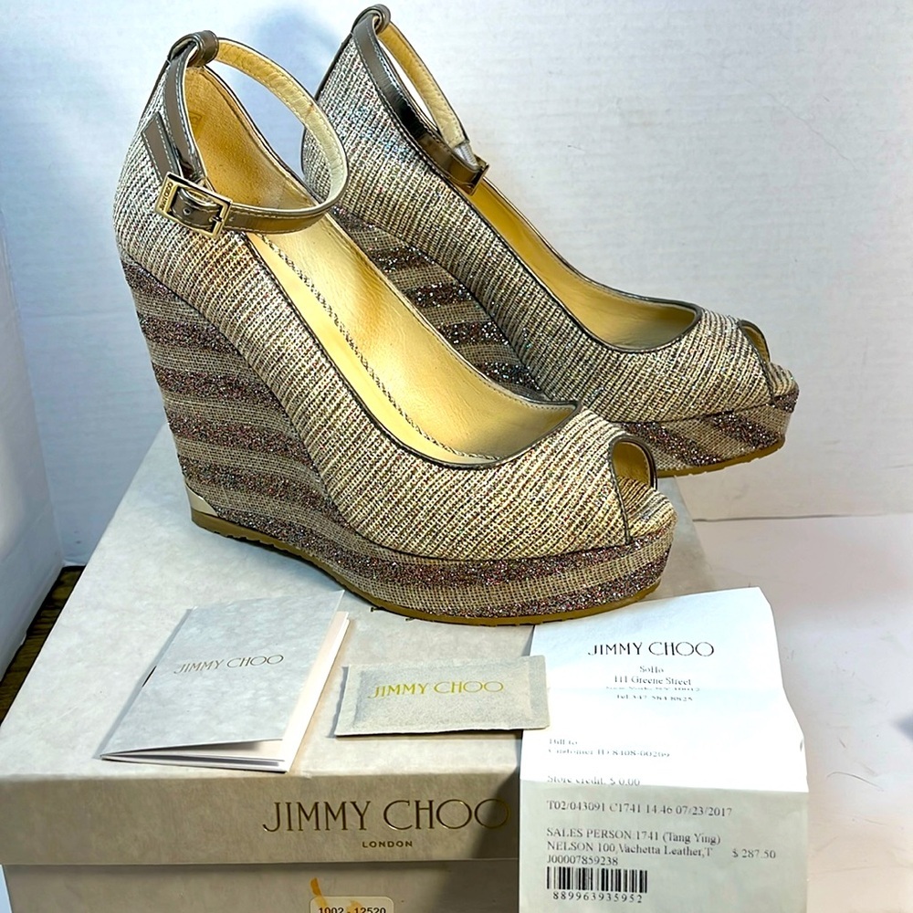 Jimmy Choo sandal Platform Wedge Sz 37.5,US 7.5 woven canvas glitter stripes